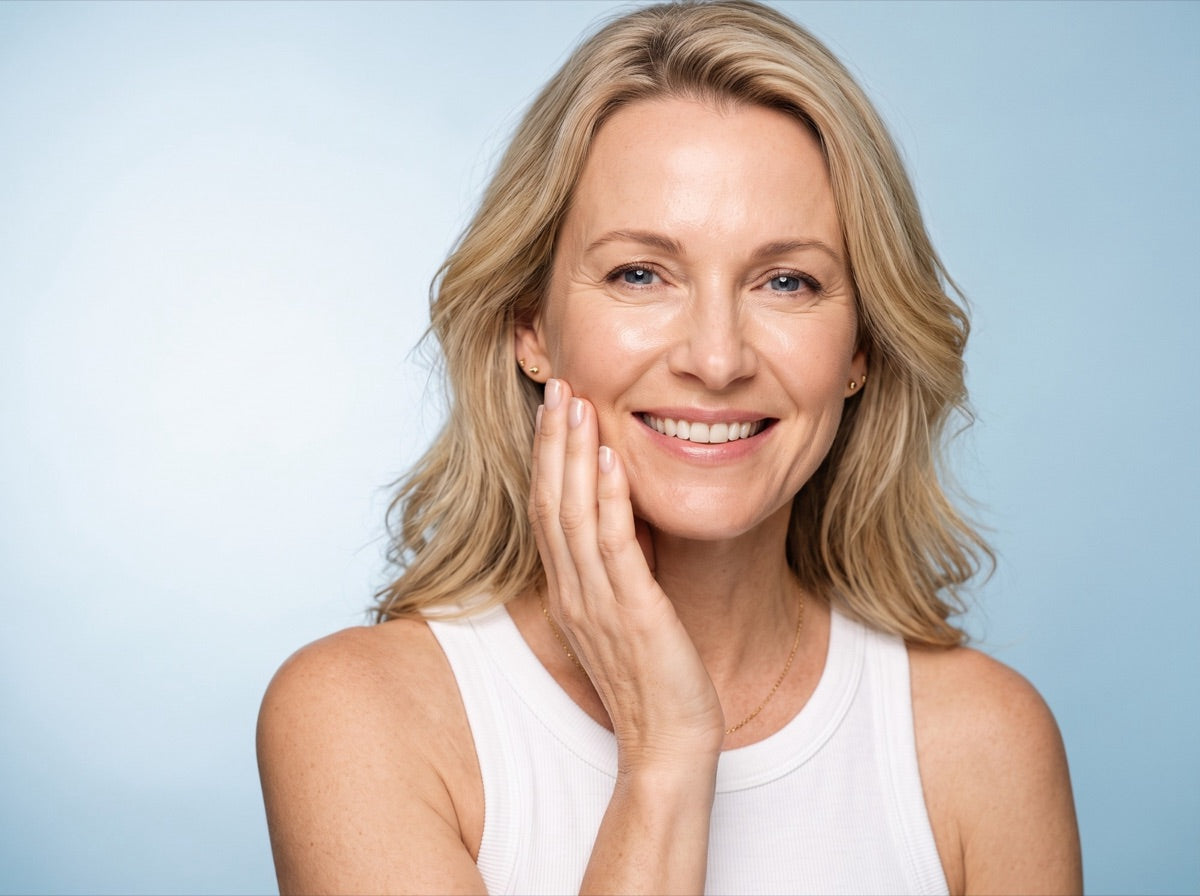Smiling woman in her late 40s touching her cheek